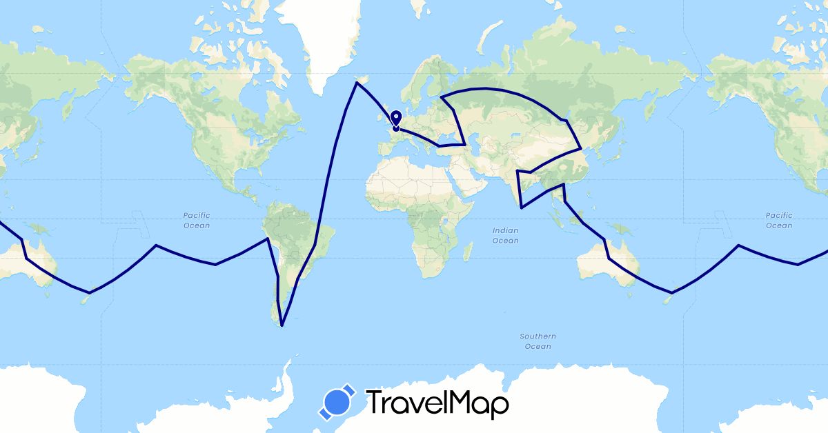 TravelMap itinerary: driving in Argentina, Australia, Brazil, Chile, China, France, Georgia, Indonesia, India, Iceland, Sri Lanka, Myanmar (Burma), Nepal, New Zealand, Peru, Russia, Turkey, Vietnam (Asia, Europe, Oceania, South America)